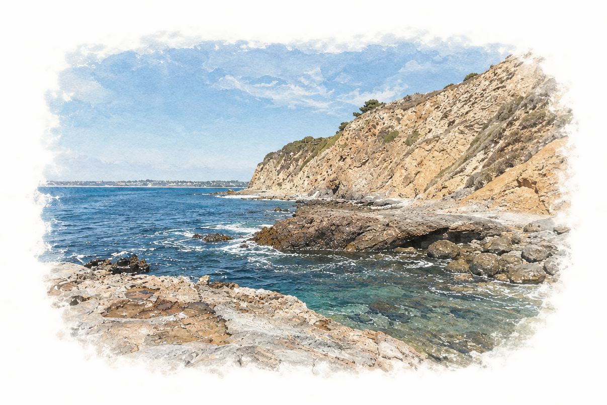 Watercolor-edged photograph of the coastal cliffs and ocean